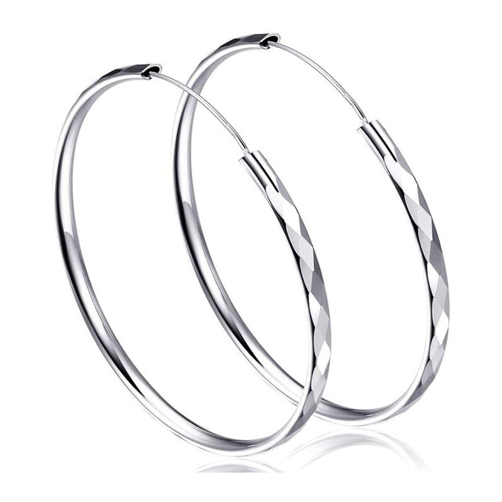 Fu You 925 Silver Earrings Round Circle sleeper Hoop Earrings Silver Rhombus Large Hoops 50mm Earrings for Women Ladies