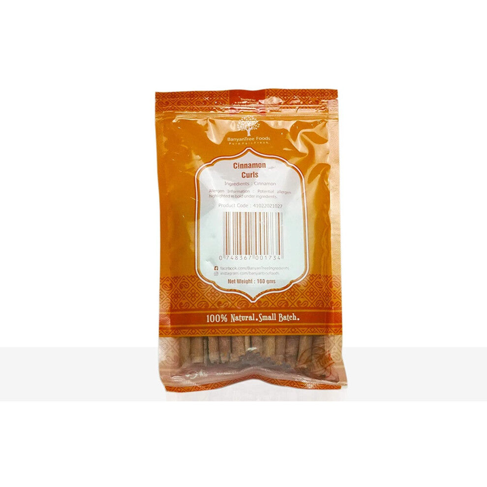 BanyanTree Foods Malabar Cinnamon Curls 100g~ All Natural, Indian Origin | Gluten Free Ingredients | Vegan | Non-GMO | No Salt or fillers