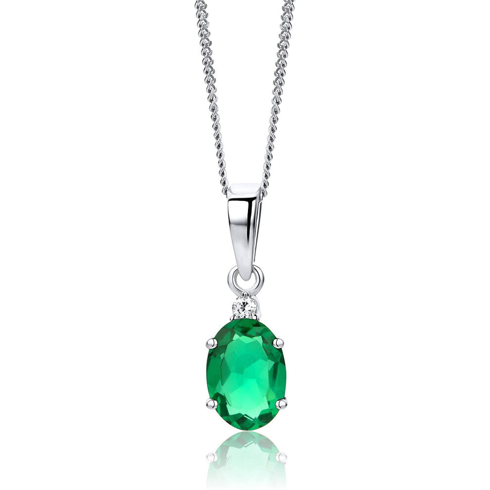 Orovi Woman Necklace-Pendant with Chain 9 ct -375 White Gold With Diamonds Brilliant Cut 0.02ct and Created Emerald 0.95ct Chain 45 cm