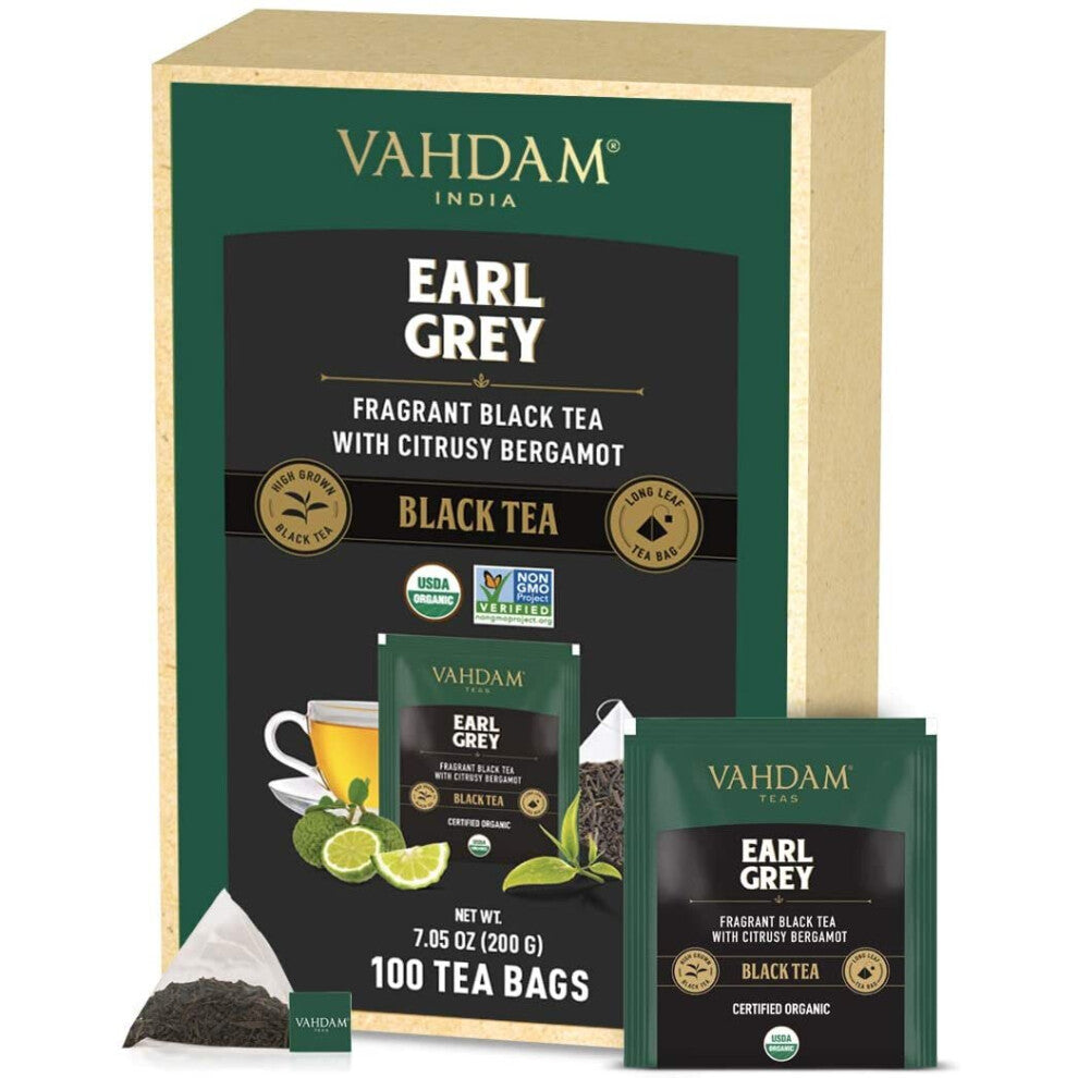 VAHDAM, Organic Earl Grey Tea Leaves (100 Tea Bags) Delicious & Aromatic | Black Tea Blended with 100% Natural Bergamot Oil, Natural Source of