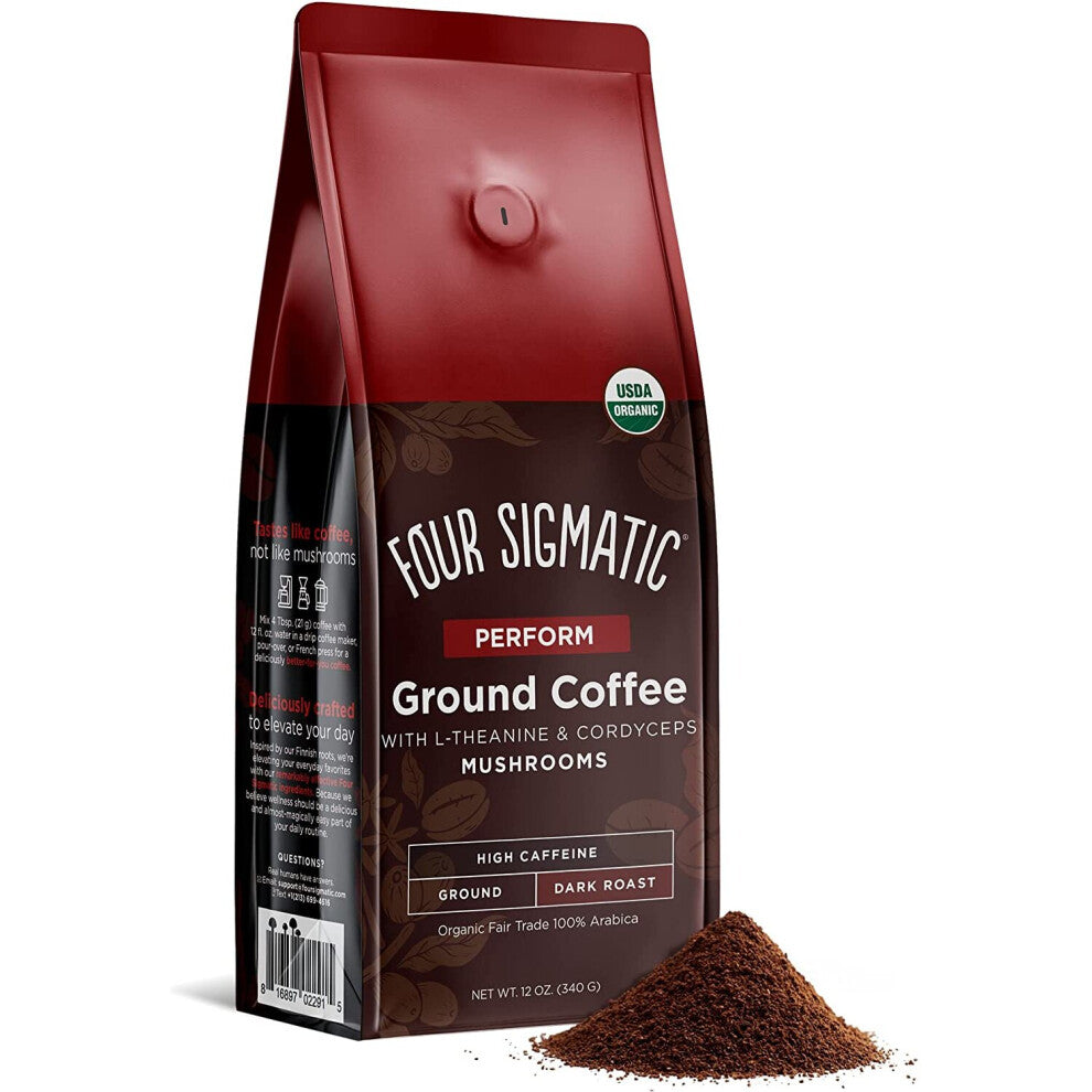 Four Sigmatic Ground Mushroom Coffee, Perform, Fair Trade with L-Theanine &cordyceps Mushrooms high Caffeine ,Keto 12oz