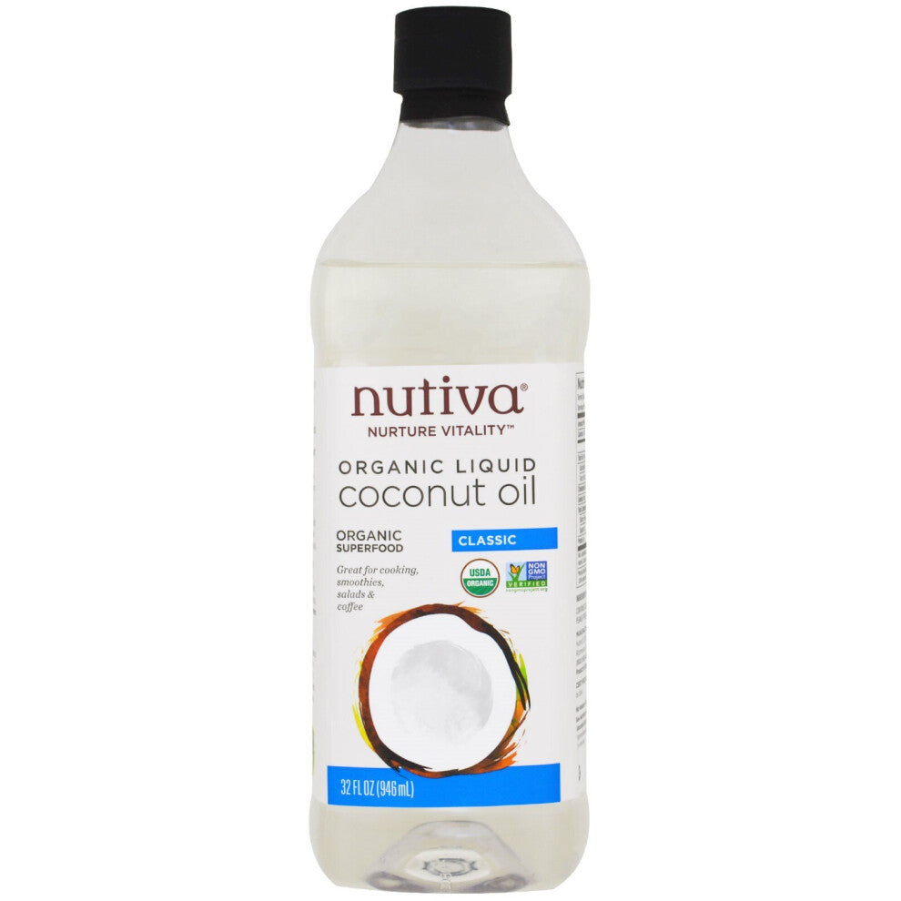 Nutiva Organic Liquid Fractionated Coconut Oil 32 Fl Oz - USDA Organic Non-GMO. Edible Pure Coconut Oil for Cooking Moisturizer for Skin Hair