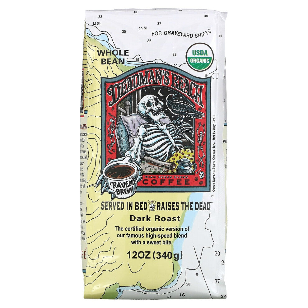 Raven's Brew Coffee, Organic Deadman's Reach Coffee, Whole Bean, Dark Roast, 12 oz (340 g)