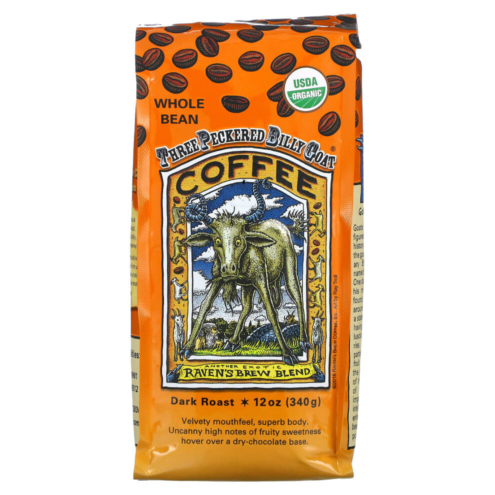 Raven's Brew Coffee, Organic Three Peckered Billy Goat Coffee, Whole Bean, Dark Roast, 12 oz (340 g)