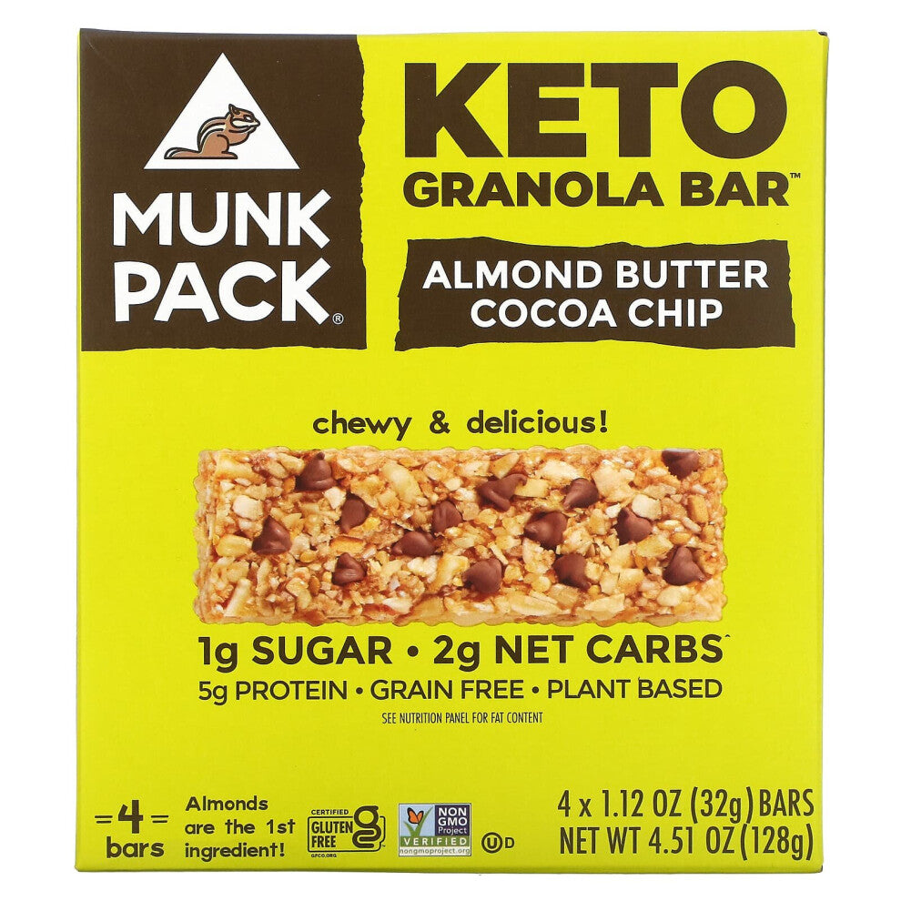 Munk Pack, Keto Granola Bar, Almond Butter Cocoa Chip, 4 Bars, 1.12 oz (32 g) Each