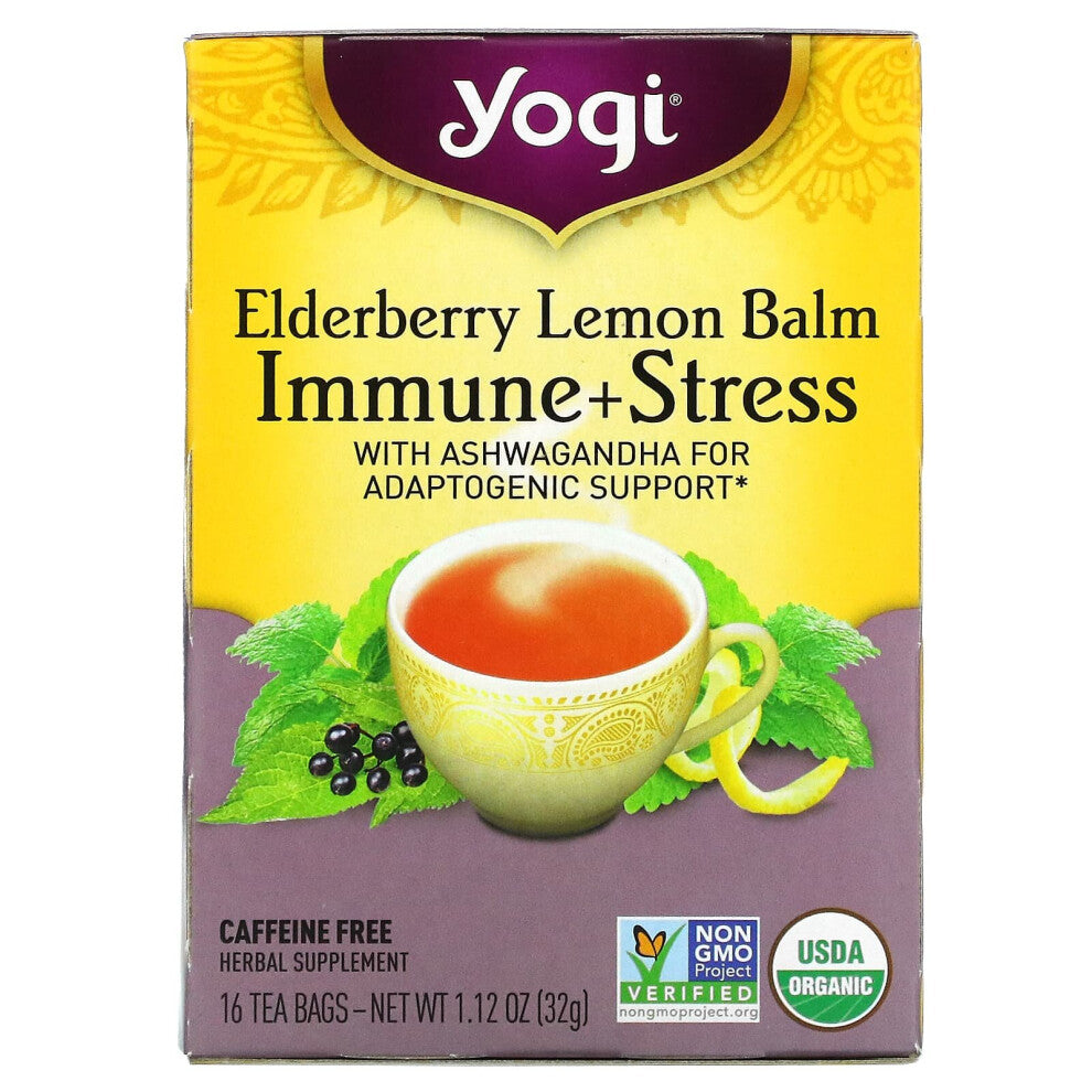 Yogi Tea, Elderberry Lemon Balm, Immune + Stress, Caffeine Free, 16 Tea Bags, 1.12 oz (32 g)