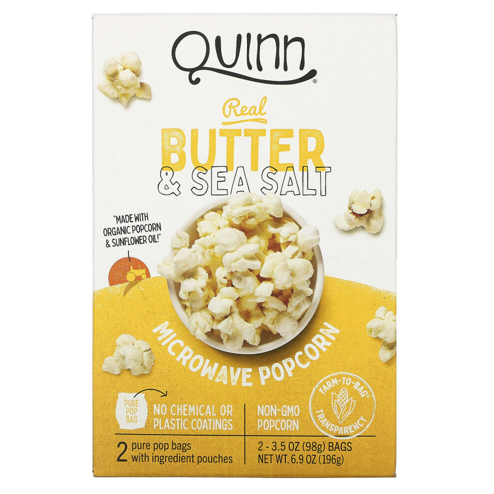 Quinn Popcorn, Microwave Popcorn, Real Butter & Sea Salt, 2 Bags, 3.5 oz (98 g) Each