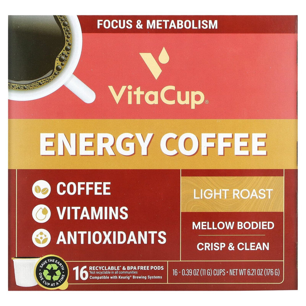 VitaCup, Energy Coffee, Light Roast, 16 Cups, 0.39 oz (11 g) Each