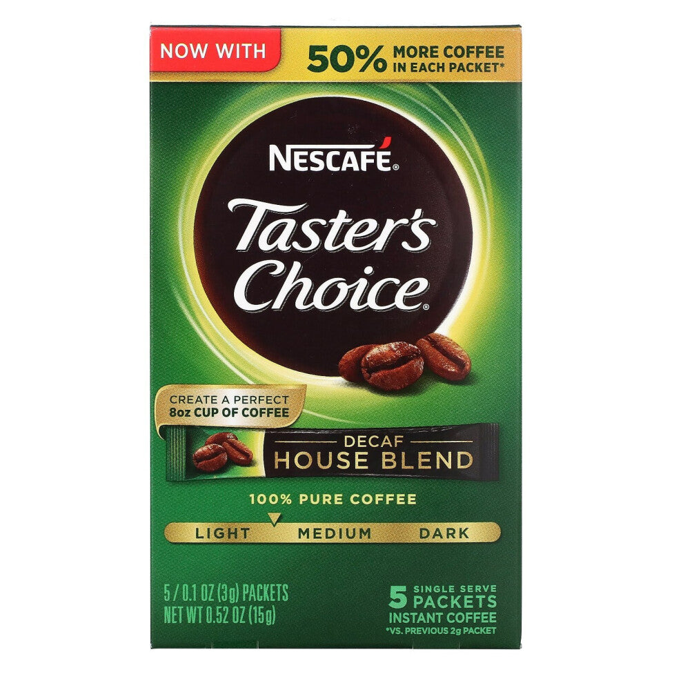 Nescafé, Taster's Choice, Instant Coffee, House Blend, Light-Medium Roast, Decaf, 5 Packets, 0.1 oz (3 g) Each