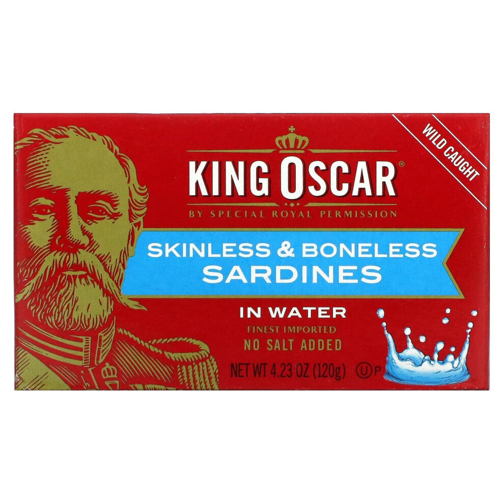 King Oscar Skinless & Boneless Sardines in Water, Wild Caught, No Salt Added, Kosher Parve, 4.23 oz (120 g)