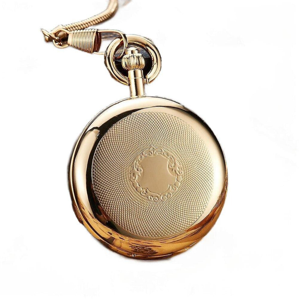 Gold Glossy Exquisite Engraved Roman Numerals Mechanical Pocket Watch With Fob Chain, Simple And