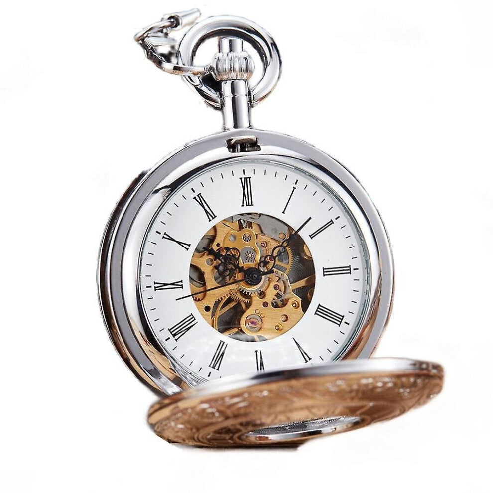 Silver Glossy Finely Engraved Roman Numerals Mechanical Pocket Watch With Fob Chain