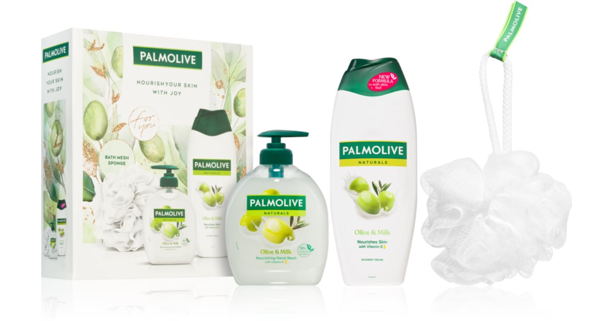 Palmolive Naturals Olive dusjgavesett for kvinner rensesvamp + flytende håndsåpe 300 ml + bade- og dusjgelkrem 500 ml