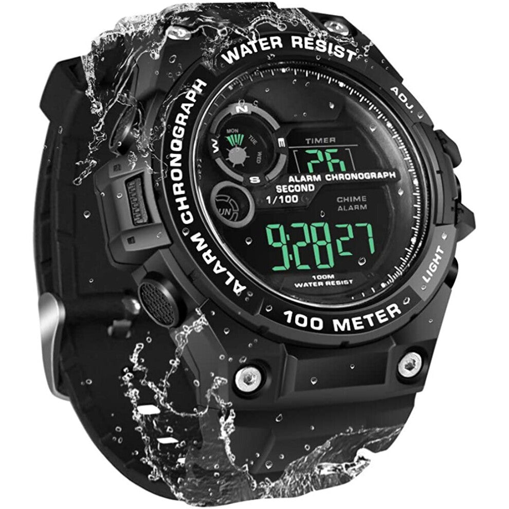 100m Underwater Scuba Diving Watch for Mens Boys with Stopwatch, Chronograph, Alarm Functions, Dual Time Zone, 12-24 Hours Format