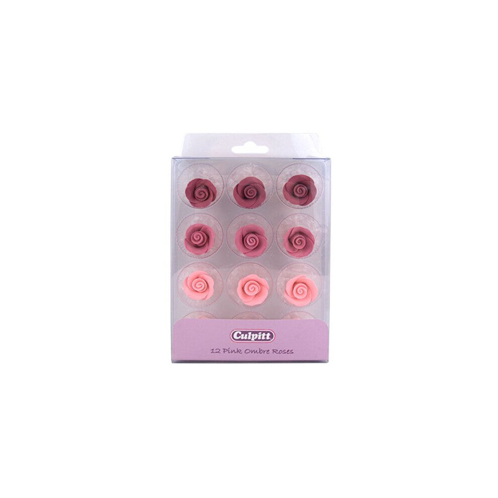 Culpitt Pink Ombre Sugar Roses, 20mm Sugar Paste Flower Decorations For Cupcakes, Cakes, Cookies, Valentines, Birthday, Wedding Cake, 12 Piece -