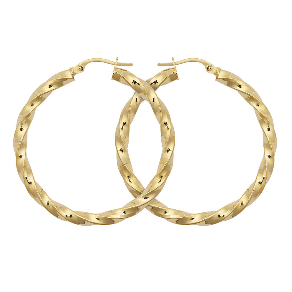 Jewelco London Ladies 9ct Yellow Gold Square Tube Ribbon Liquorice Twist 3mm Hoop Earrings 35mm - JER804D