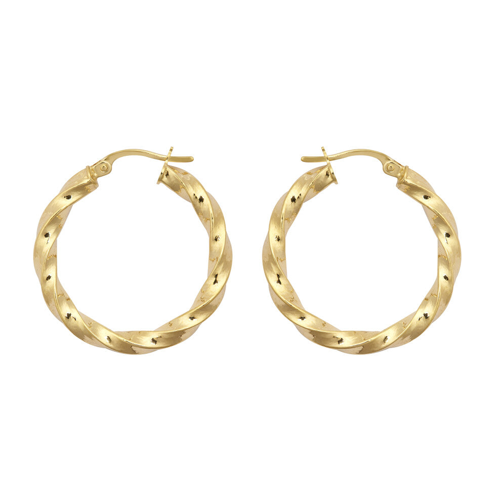Jewelco London Ladies 9ct Yellow Gold Square Tube Ribbon Liquorice Twist 3mm Hoop Earrings 26mm - JER804C