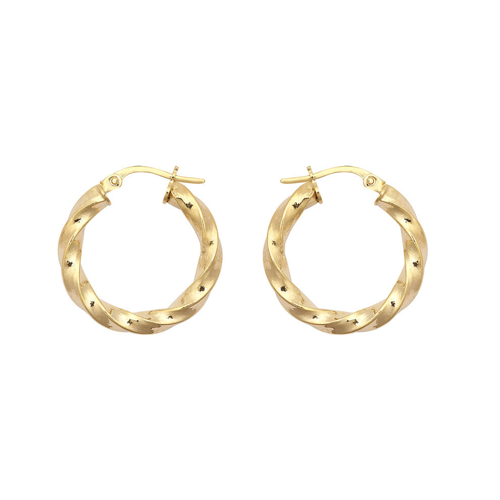 Jewelco London Ladies 9ct Yellow Gold Square Tube Ribbon Liquorice Twist 3mm Hoop Earrings 21mm - JER804B