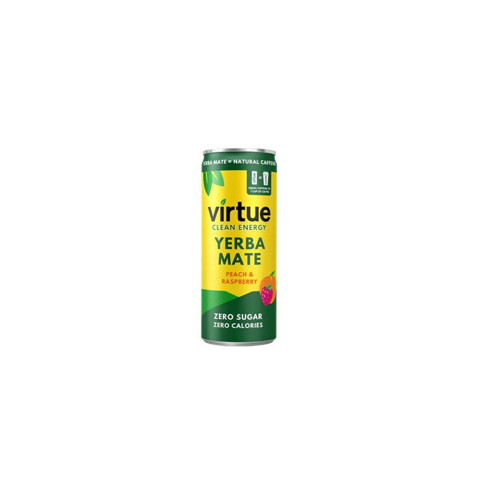 Virtue Drinks Yerba Mate (Clean Energy Drink) - Peach & Raspberry 250ml (Pack of 12)
