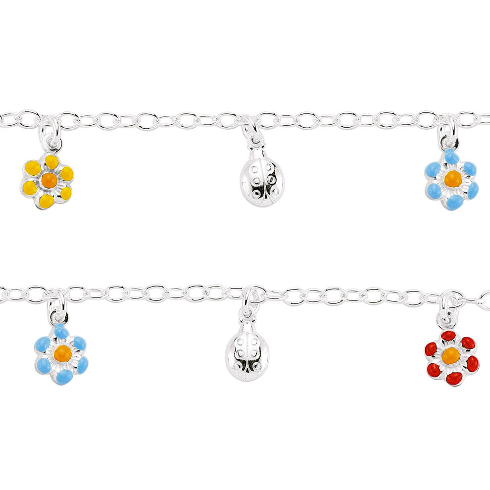 Jewelco London Girls Sterling Silver Blue Yellow Red Enamelled Daisy Ladybird Charm Bracelet 5.5-6.25 inches - 14-16cm - GVB160