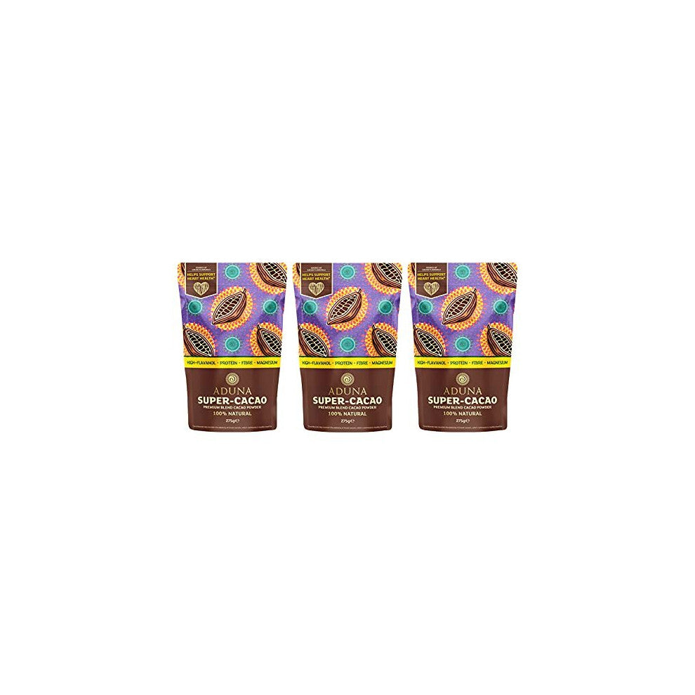 New Aduna Super-Cacao Powder | Natural Raw African Cacao Powder for Cardiovascular Health | Ghanaian Low Cadmium Cacao | 3x 275g Resealable and