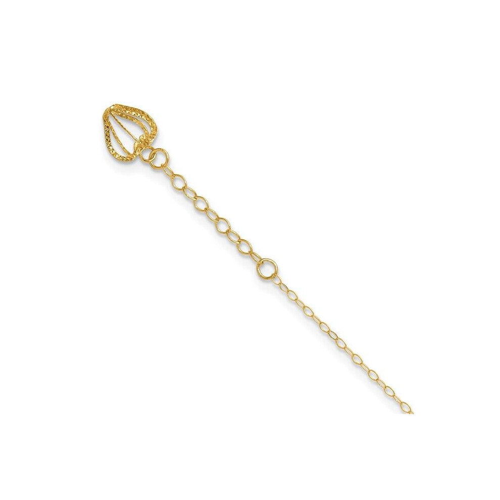 14K Yellow Gold Oval Link Chain with Diamond-Cut Heart Cage 9 in. Plus 1 in. Extension Anklet