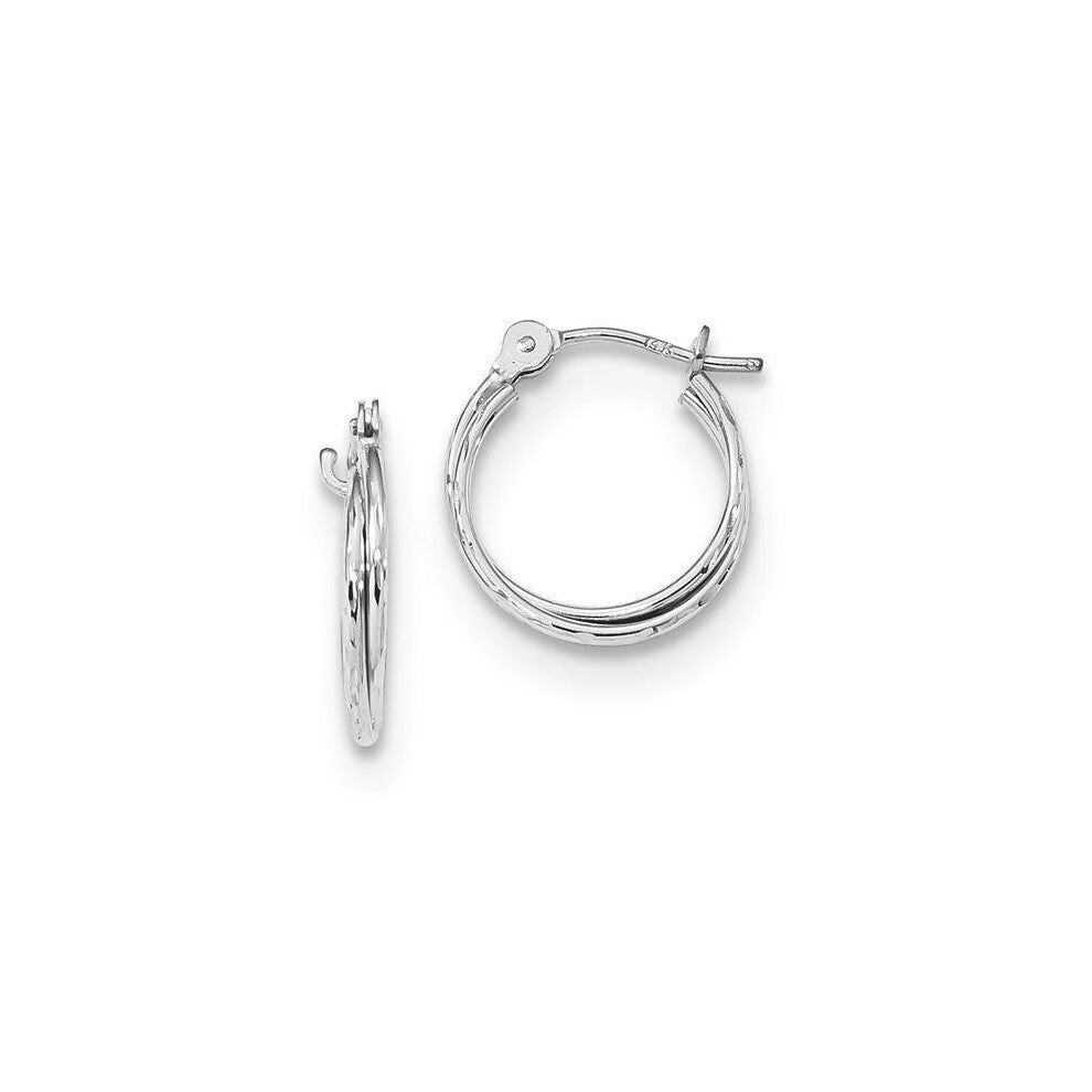 14K White Gold Polished Diamond-Cut Double Hoops