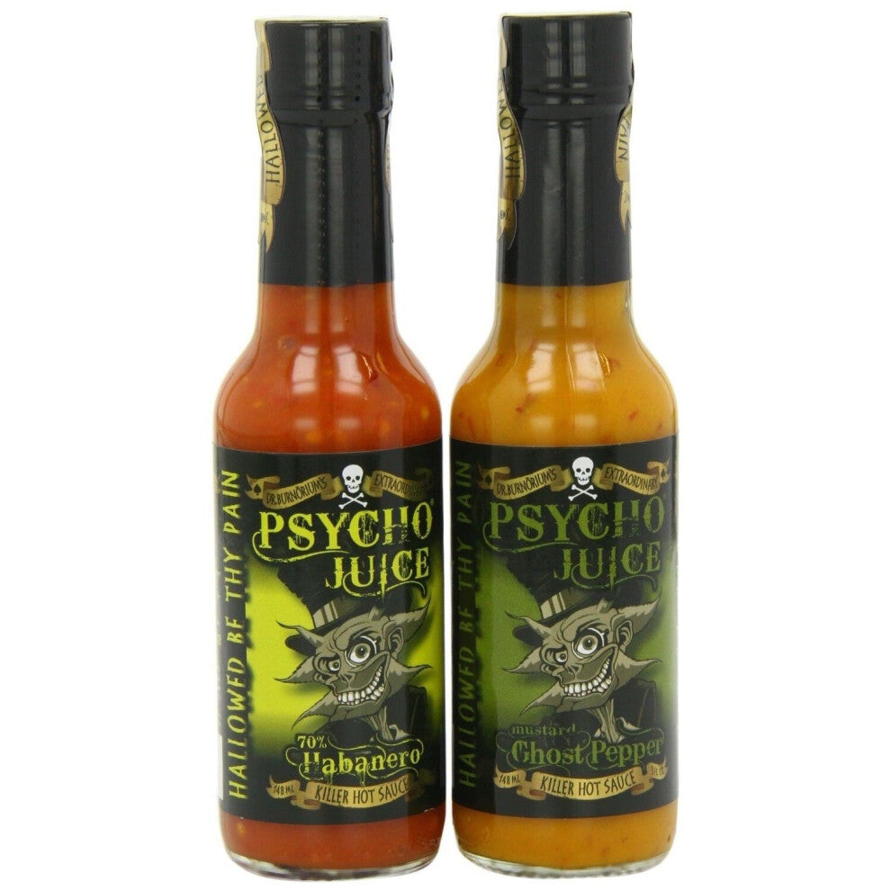 Psycho Juice Hot Sauce - Habanero & Mustard Ghost Pepper 2 Bottle Set