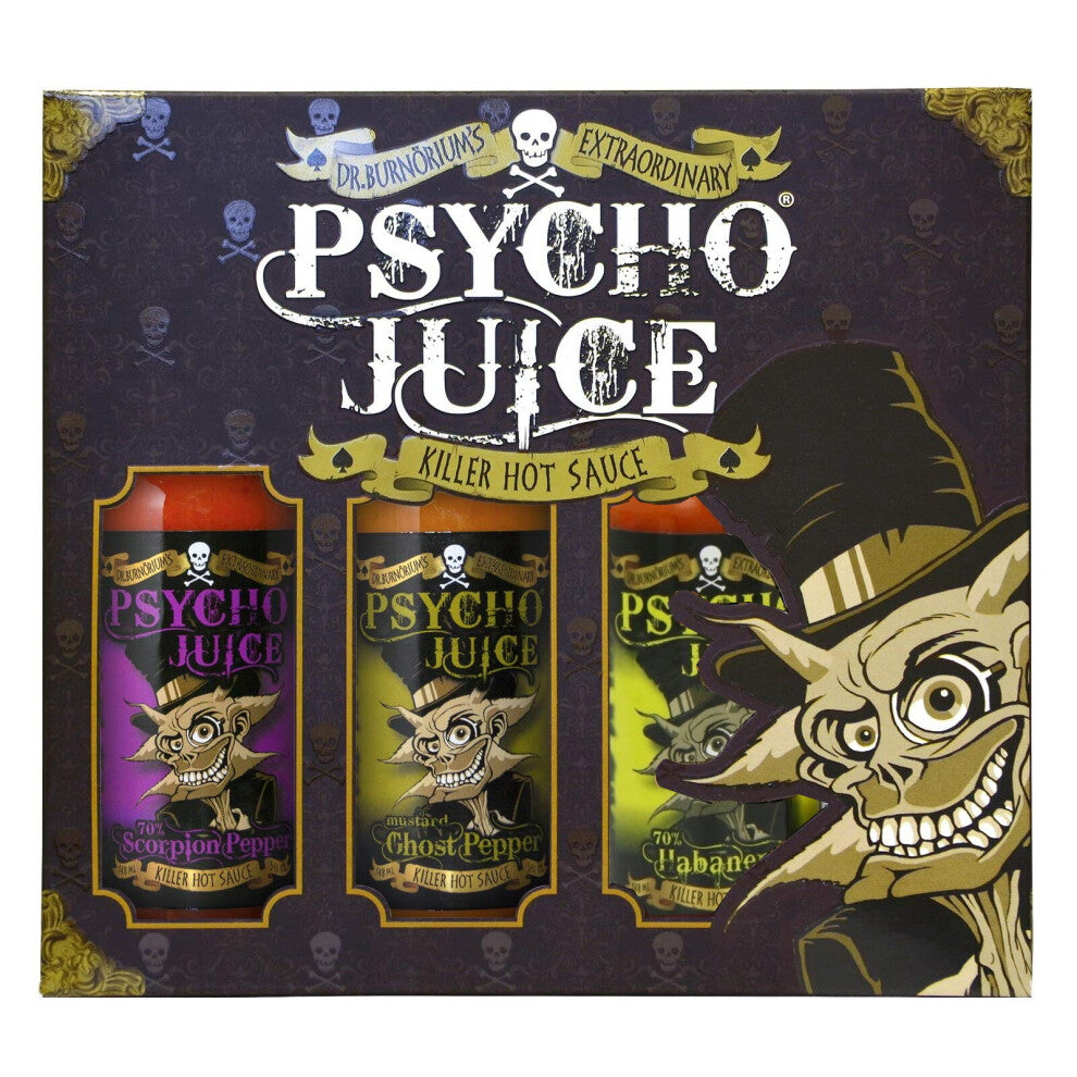 Psycho Juice Hot Sauce Trio Scorpion, Red Savina & Ghost Mustard Set
