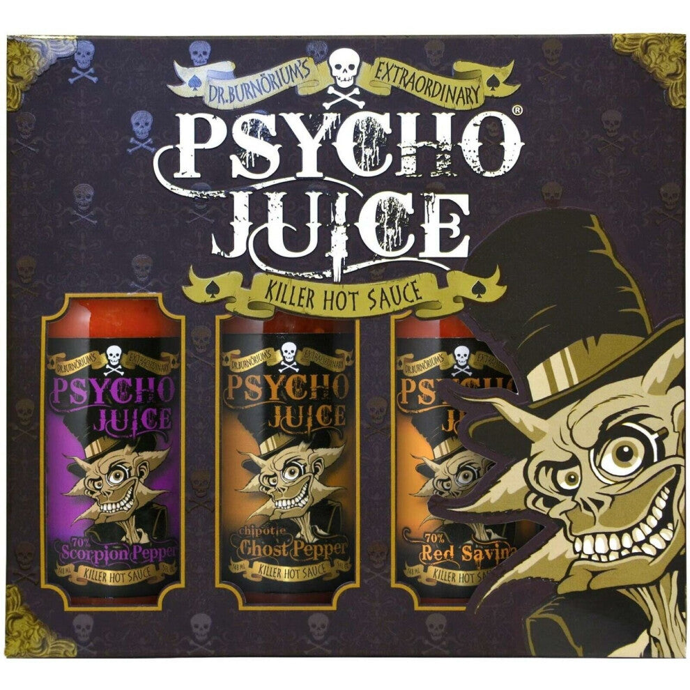 Psycho Juice Trio Hot Chilli Sauce Set 70% Scorpion Pepper Red Savina Chipotle
