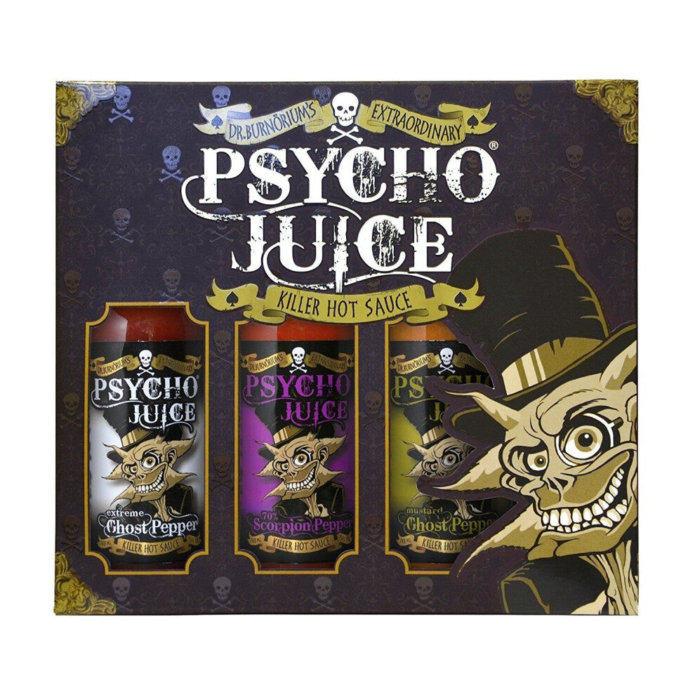 Psycho Juice Trio Chilli Sauces Extreme Ghost 70% Scorpion Mustard Ghost Pepper