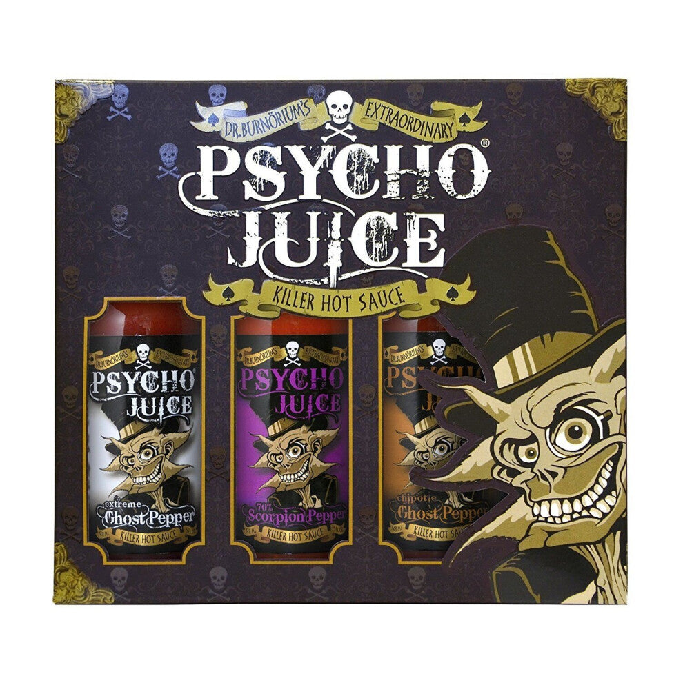 Psycho Juice Trio Chilli Sauces Extreme Ghost Pepper 70% Scorpion Chipotle Ghost
