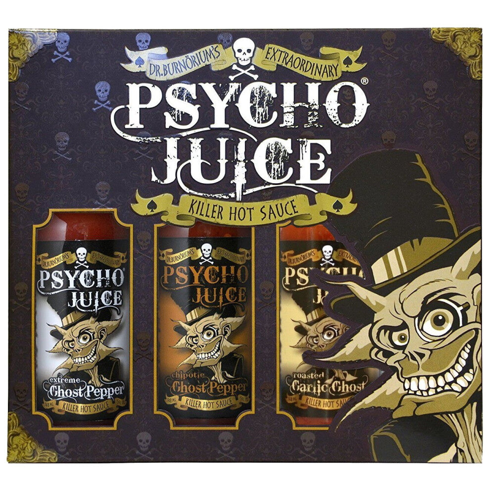 Psycho Juice Mega Hot 1 Trio Extreme,Chipotle,Roasted Garlic Hot Chilli Sauces