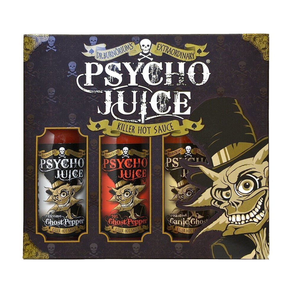 Psycho Juice Trio Chilli Sauces Extreme Ghost Pepper Ghost Pepper Roasted Garlic