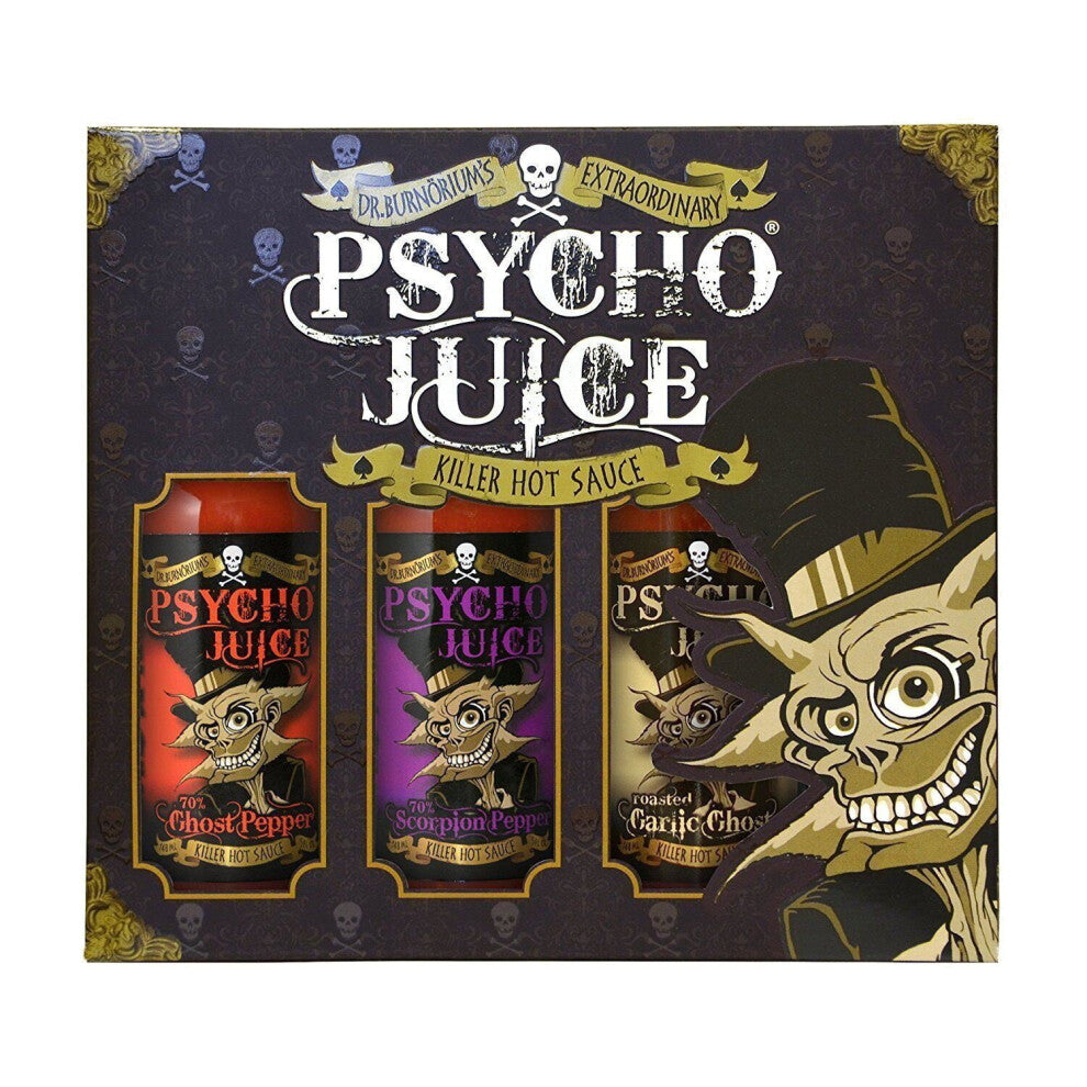 Psycho Juice Trio Hot Chilli Sauces - Ghost Pepper, Roasted Garlic, 70% Scorpion