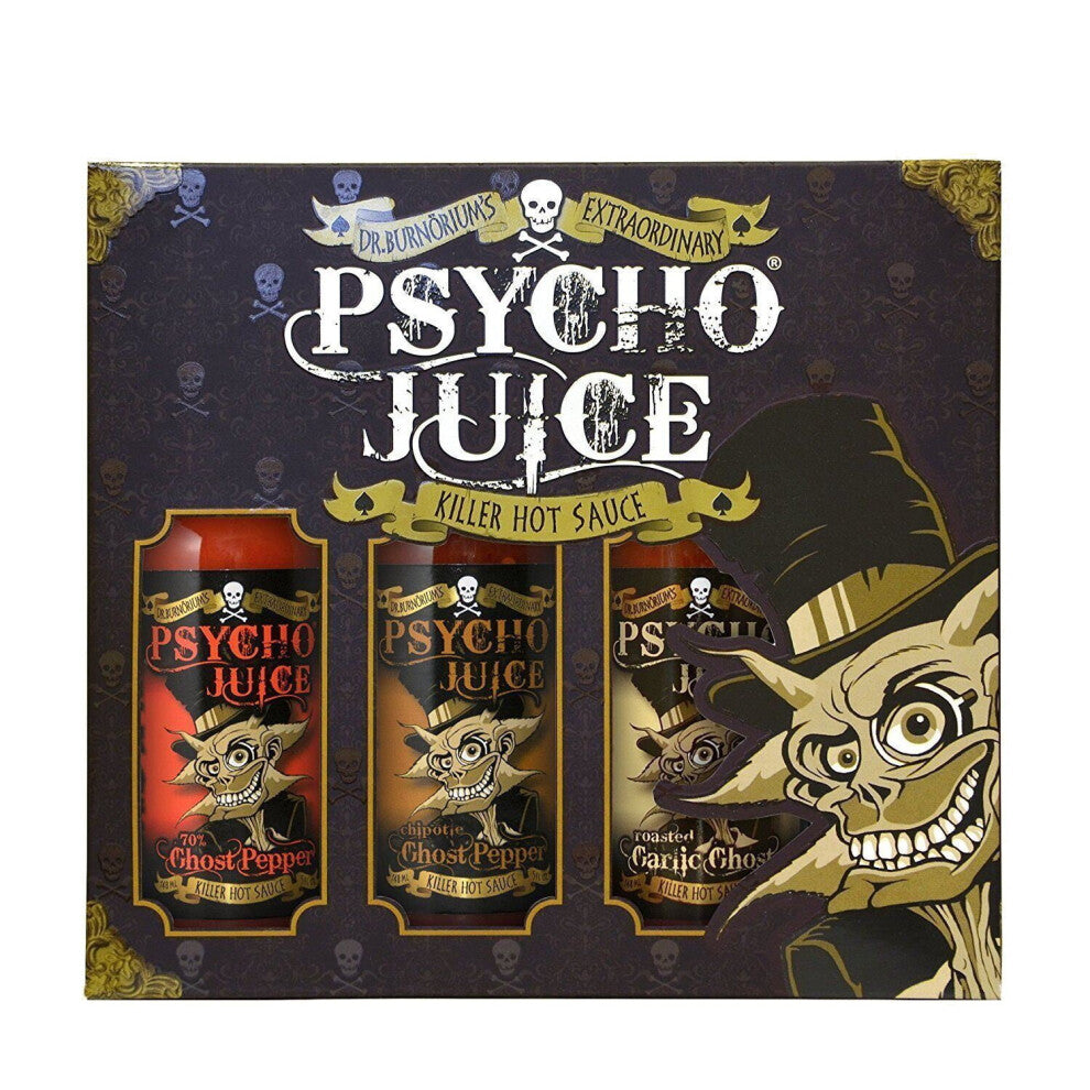 Psycho Juice Trio of Chilli Sauce 70% Ghost Pepper Chipotle Ghost Roasted Garlic