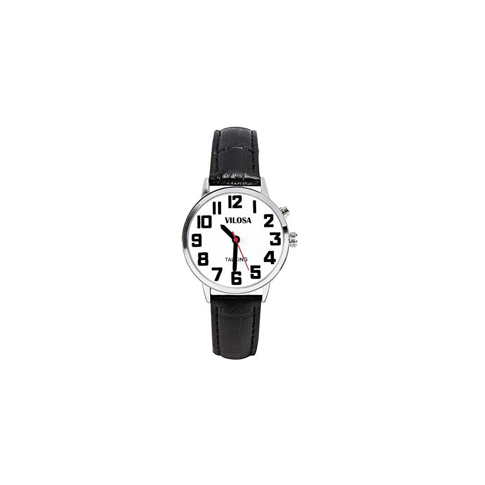 ViLoSa Click English Talking Watch Speaks The Time, Date or Alarm time for Elderly, Impaired Sight or Blind. White Face-Black Numbers with Stainless