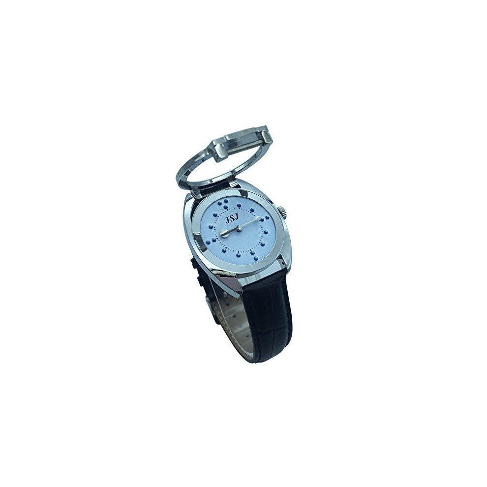 Stainless Steel Tactile Watch for Blind People-Battery Operated(Leather Strap, Blue dial)