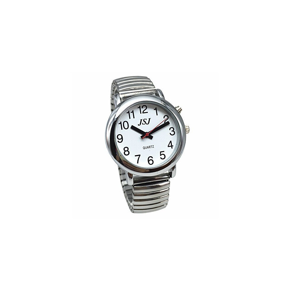 English Talking Watch with Alarm Expanding Bracelet?Talking Date and Time, Silver Color, White Face TE