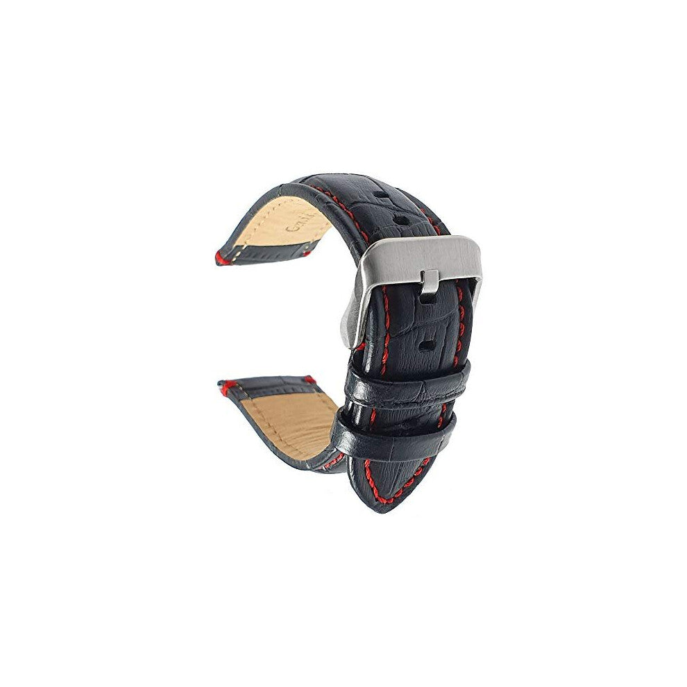 Black Genuine Leather Alligator Grain Watch Strap Red Stitching 22mm