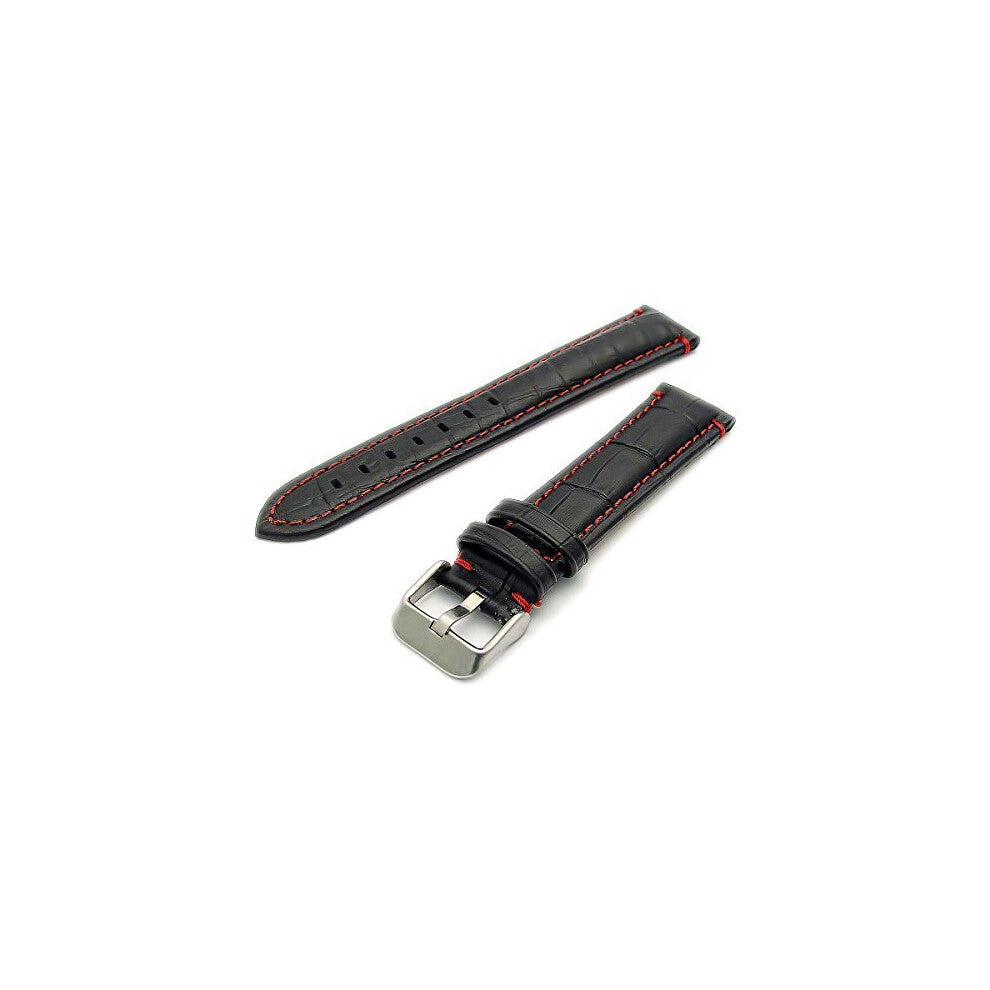 Fine Padded Alligator Grain Watch Strap Band Black Coloured Stitching 22mm Red