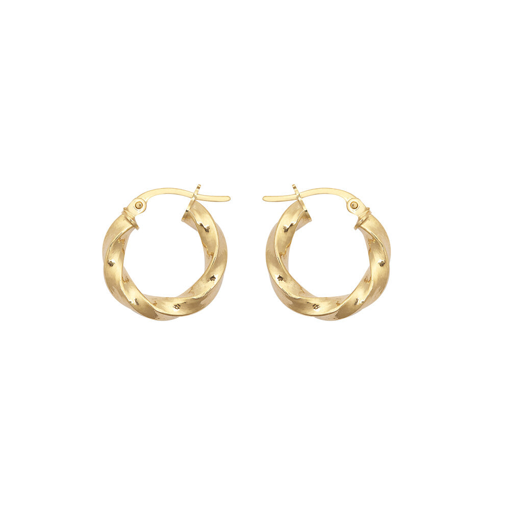 Jewelco London Ladies 9ct Yellow Gold Square Tube Ribbon Liquorice Twist 3mm Hoop Earrings 16mm - JER804A