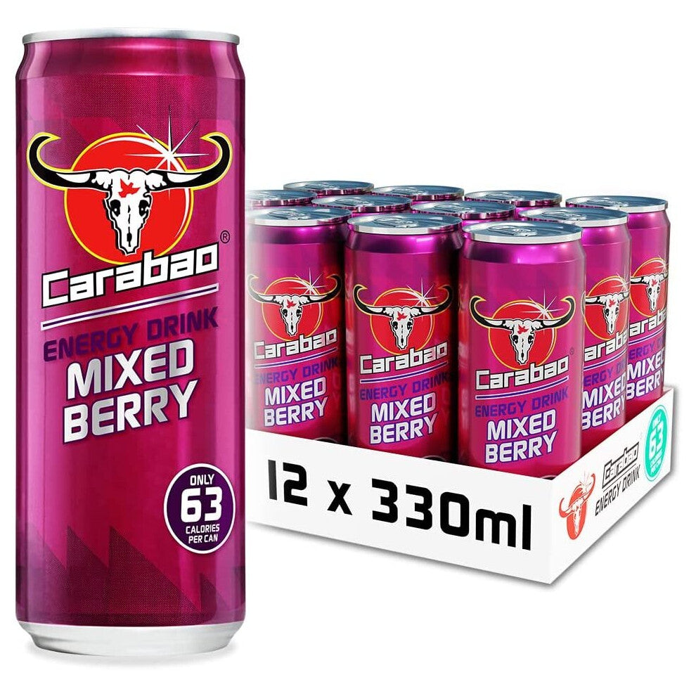 Carabao Energy Drink Mixed Berry, 12 x 330ml Cans Case, Lower Sugar, Fizzy Fruit Flavour, Vegan, Gluten Free Drink, B Vitamins, Taurine, Bulk Crates,