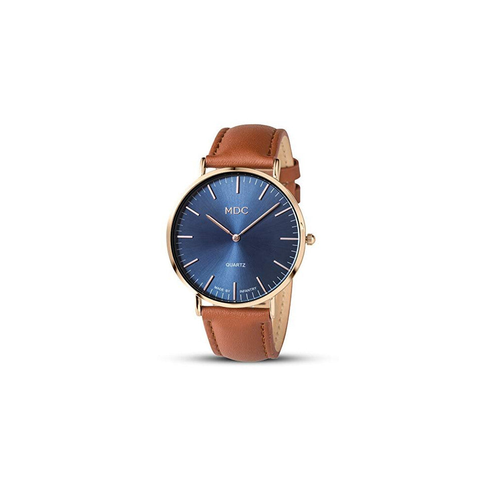 Infantry Mens Brown Leather Watch Analogue Quartz Wrist Watches for Men Designer Gents Dress Minimalist Wristwatch Casual Ultra Thin Slim Blue Fashion