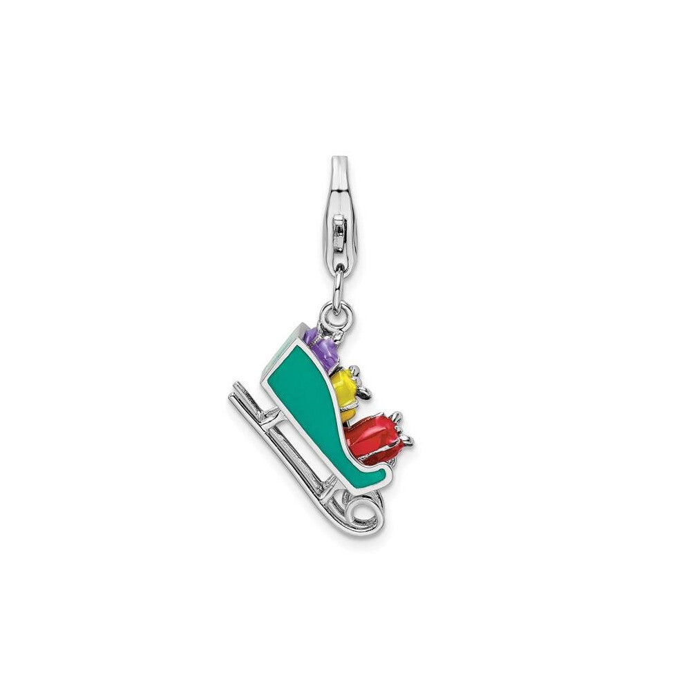 Finest Gold Sterling Silver Amore La Vita Rhodium-Plated Polished Enameled Sled Charm