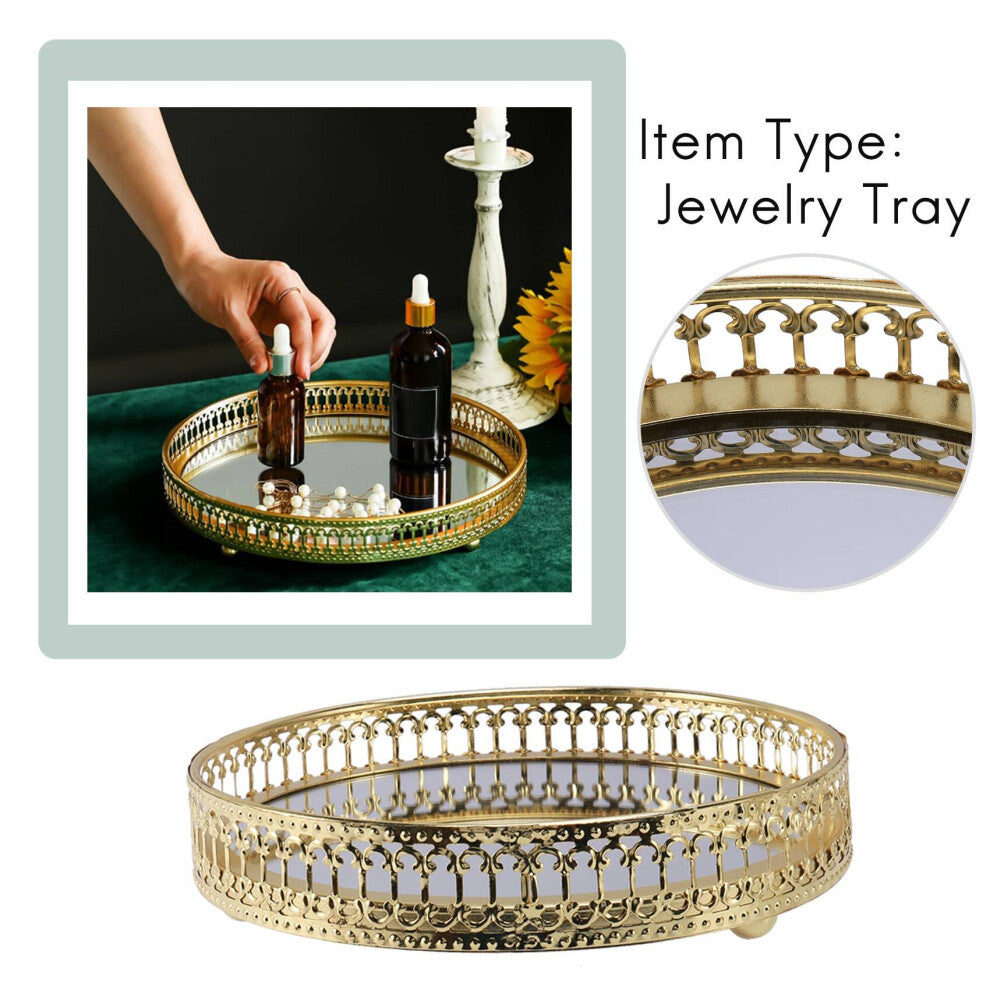 Golden Iron Jewelry Storage Tray Glass Mirror Manager Desktop Cosmetic Dessert Decorative Display Tray 17.5Cm