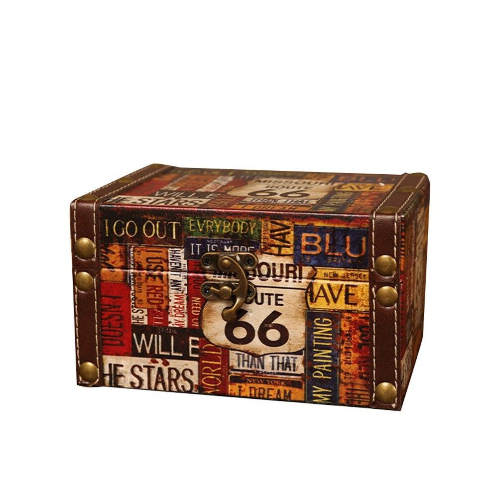 Vintage Storage Decorative Suitcase Small Retro Wooden Box Casket Lock Desktop Storage Box Finishing Muhe Jewelry Box 66 Road