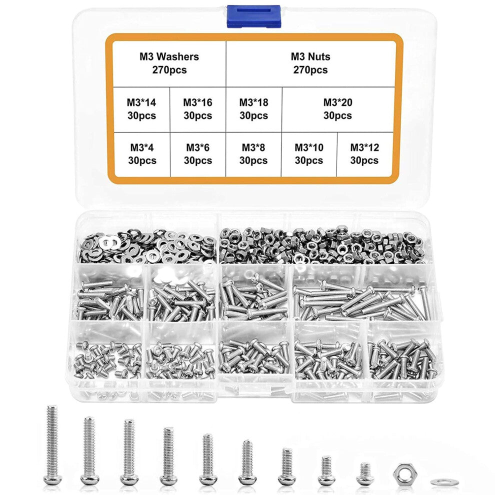 810Pcs M3 x 4-6-8-10-12-14-16-18-20 mm Screw Assortment Kit 304 Stainless Steel Phillips Pan Head Machine Screws Bolts Nuts Lock Flat Washers with