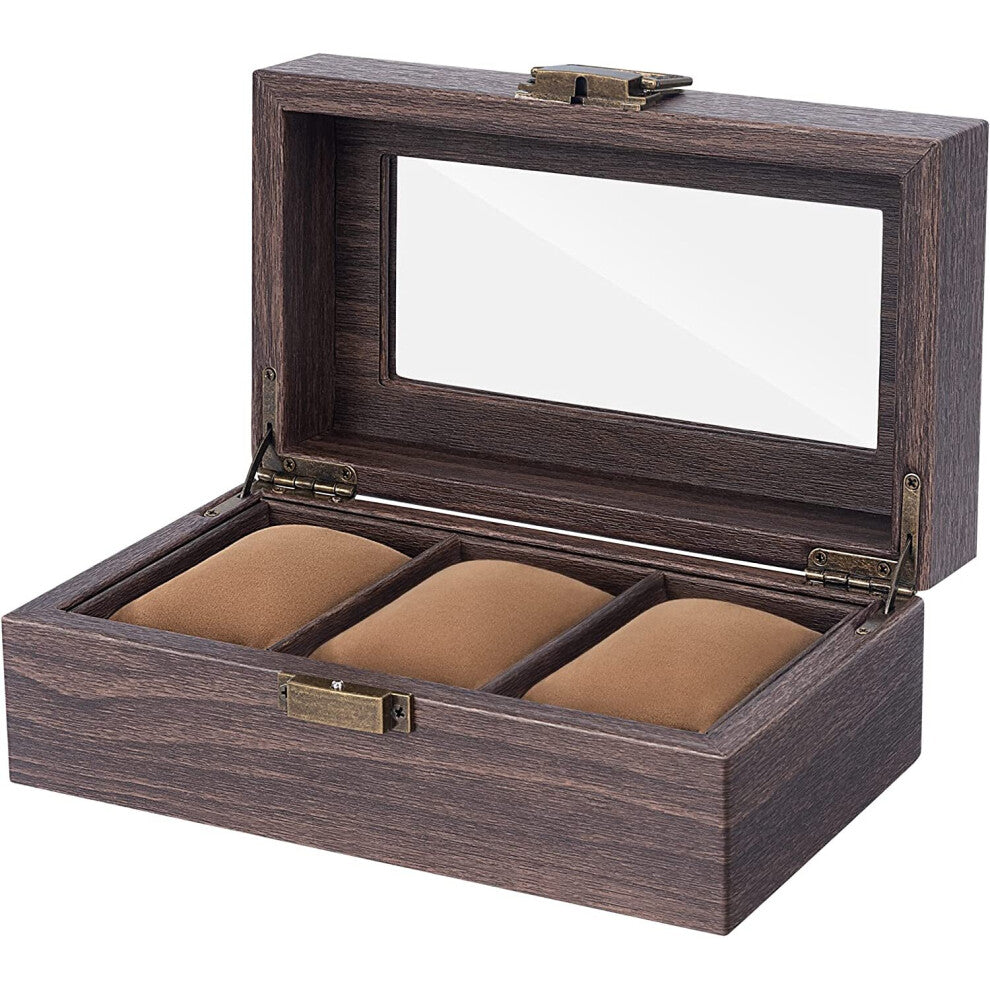Watch Box 3 Slots, Real Glass Top, Wood Grain PU Watch Display Box