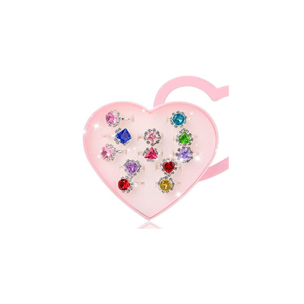 12 pcs Girls Crystal Adjustable Rings Princess Jewelry Finger Rings with Heart Shape Box Girl Pretend Play and Dress up Rings for Children Kids Little